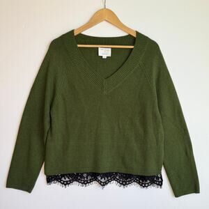 Robert Rodriguez V Neck Pullover Sweater Medium Green Black Lace Trim Wool Blend